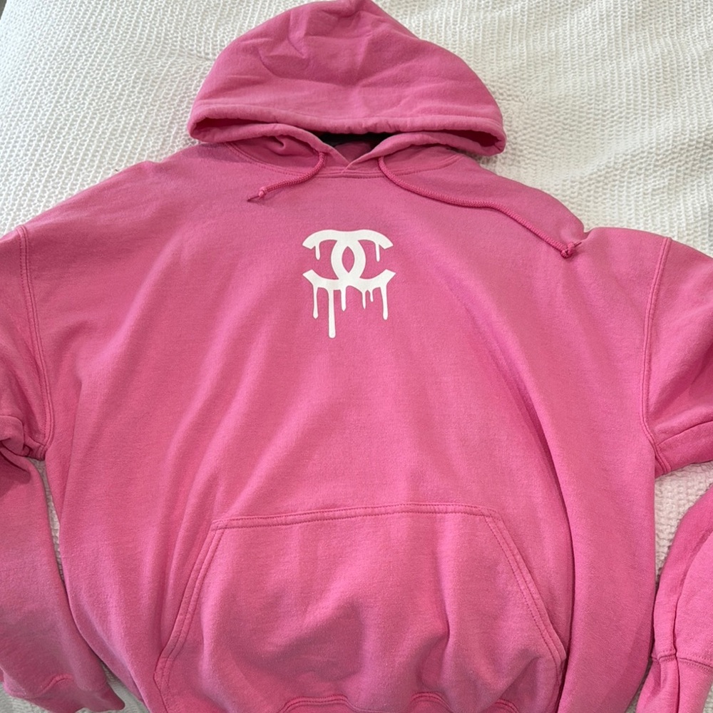 Pink Hoodie with Dripping Chanel Logo